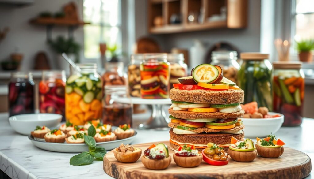 A beautifully arranged tableau of fermented vegetable delights, perfectly balanced between savory and sweet. In the foreground, a decadent layered cake showcases vibrant slices of pickled vegetables, their colors and textures creating a captivating contrast. Surrounding the cake, an array of jars and bowls reveal the process of fermentation, with bubbling liquids and healthy cultures. The middle ground features a variety of fermented vegetable hors d'oeuvres, artfully presented on a rustic wooden board. In the background, a softly lit kitchen setting, with natural light filtering through the windows, creating a warm, inviting atmosphere. The scene evokes a sense of wellness, celebrating the intersection of indulgence and nourishment.