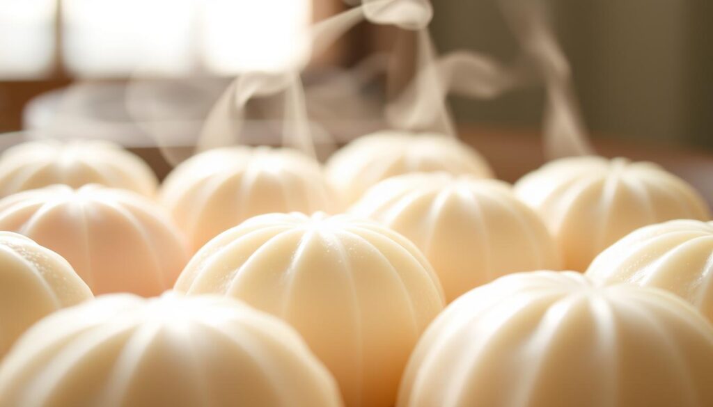 A beautifully lit close-up of a selection of freshly steamed Japanese mochi cakes, their soft, pillowy surfaces glistening with a light sheen of moisture. In the foreground, the cakes are arranged artfully, revealing their delicate pastel hues and subtle patterns. The middle ground showcases the wispy tendrils of steam rising from the cakes, adding a sense of warmth and freshness. The background is softly blurred, allowing the cakes to take center stage. The lighting is natural and diffused, creating a gentle, inviting atmosphere. Captured with a high-resolution camera lens, the image highlights the fine details and textures of these traditional Japanese delicacies.