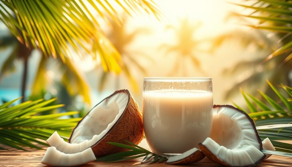 A beautifully lit still life scene depicting the benefits of coconut milk. In the foreground, a glass container filled with rich, creamy coconut milk, surrounded by freshly sliced coconut flesh, glistening with droplets of water. In the middle ground, vibrant green coconut fronds and sun-dappled leaves frame the composition. The background features a serene, tropical landscape with swaying palm trees, hazy blue skies, and a sense of tranquility. Warm, golden lighting casts a soft, inviting glow, highlighting the natural beauty and nourishing qualities of the coconut milk. The overall mood is one of health, wellness, and the refreshing, rejuvenating benefits of this versatile ingredient.