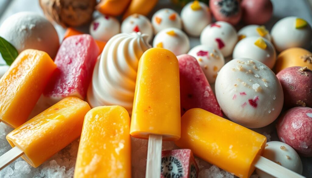 A bountiful arrangement of frozen coconut milk-based desserts, showcasing a variety of tropical fruit flavors. In the foreground, a tempting array of popsicles, their vibrant hues ranging from lush mango orange to creamy banana yellow and rich jackfruit purple. The middle ground features a smooth, swirled coconut milk-based sorbet, its surface glistening under soft, natural lighting. In the background, an assortment of rounded coconut milk-based bonbons, their surfaces dotted with delicate, colorful fruit pieces. The overall scene exudes a refreshing, summery ambiance, perfect for enjoying as a healthy, indulgent tropical treat.
