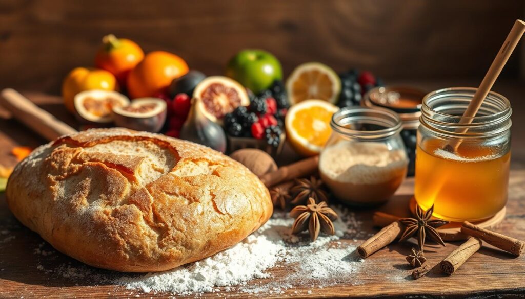A bountiful arrangement of sourdough dessert ingredients on a rustic wooden surface, bathed in warm, natural light. In the foreground, a crusty loaf of homemade sourdough bread, its golden crust glistening. Alongside it, a dusting of all-purpose flour, a bowl of bubbly sourdough starter, and a jar of honey, its viscous golden liquid catching the light. In the middle ground, a selection of plump, juicy fruits - figs, berries, and citrus slices - arranged artfully. In the background, a scattering of aromatic spices, such as cinnamon sticks and star anise, hinting at the flavors to come. The overall scene radiates a sense of rustic, artisanal beauty, inviting the viewer to imagine the naturally fermented delights that could be crafted from these wholesome, nourishing ingredients.