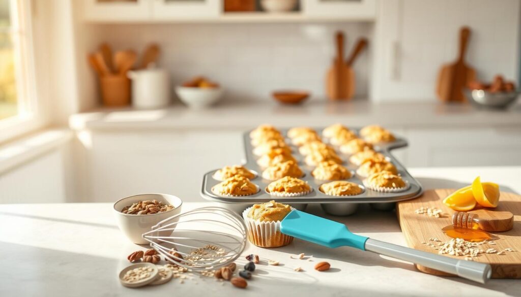 A bright, airy kitchen bathed in warm, natural light. On the countertop, rows of muffin tins hold delicate, golden-brown sugar-free morning cakes, fresh from the oven. Nearby, a wooden board displays an assortment of wholesome ingredients – oats, nuts, dried fruit, and a drizzle of honey. In the foreground, a whisk and a silicone spatula stand ready, hinting at the careful techniques used to craft these healthful treats. The scene conveys a sense of intentional, artisanal baking, where nutritious meets delicious.