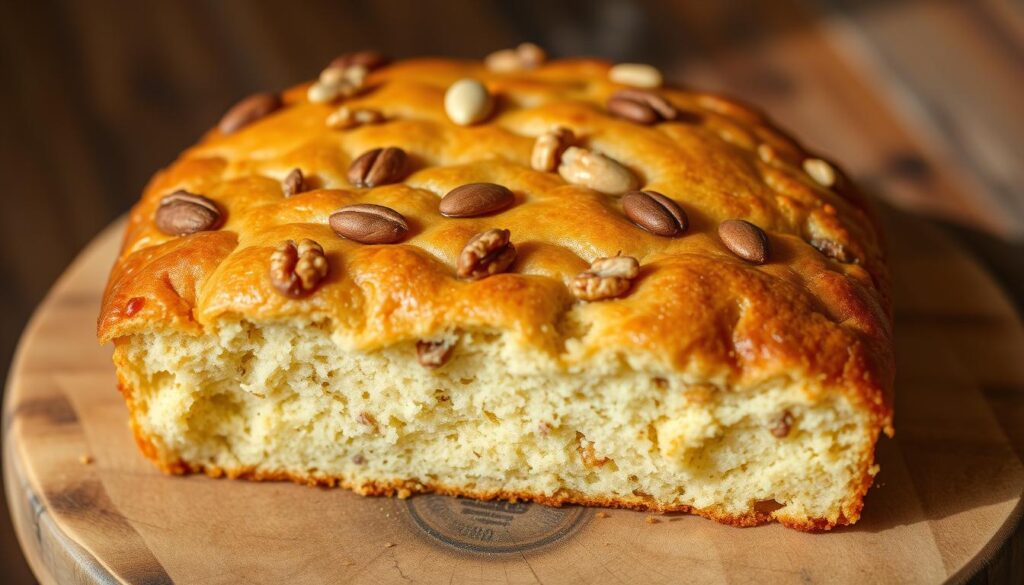 A delectable single-ingredient breakfast cake sits atop a rustic wooden surface, its golden crust glistening under soft, natural lighting. Dotted throughout are crunchy walnuts, almonds, and sunflower seeds, adding texture and visual interest. The cake's moist crumb reveals the simplicity of its composition, with a minimal yet satisfying flavor profile. Captured from a slightly elevated angle, the image conveys a sense of homemade comfort and wholesome nourishment, aligning with the theme of "Combining Ingredients for Enhanced Enjoyment."