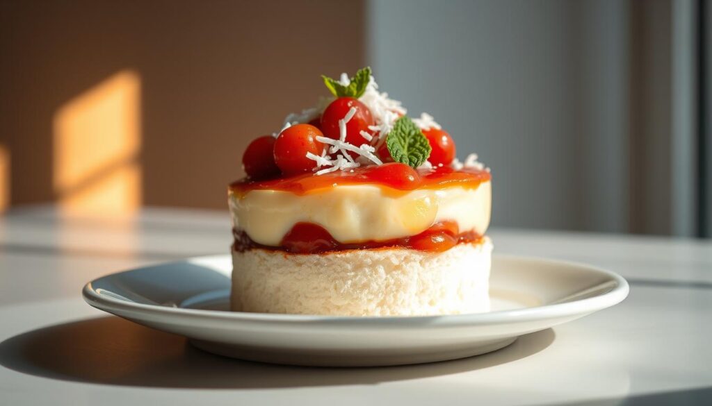 A delicately chilled vegetarian layered dessert, featuring a soft spongy base topped with lush creamy layers of rich custard and a glossy fruit compote, garnished with shredded coconut and fresh mint leaves. The dessert is illuminated by warm, natural lighting from an angled window, casting soft shadows and highlighting the vibrant colors and textures. The camera captures the scene from a low angle, emphasizing the elegant, tiered presentation on a white ceramic plate against a minimalist background.