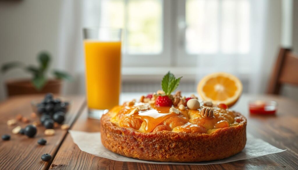 A deliciously balanced breakfast pastry, artfully arranged on a rustic wooden table. In the foreground, a moist and fluffy cake, topped with a medley of fresh berries, nuts, and a drizzle of honey, exuding a warm, inviting aroma. The middle ground showcases a glass of freshly squeezed orange juice, complementing the pastry's flavors. In the background, a backdrop of natural light streams through a window, casting a soft, inviting glow on the scene. The overall composition conveys a sense of wholesome nourishment and the perfect start to the day.