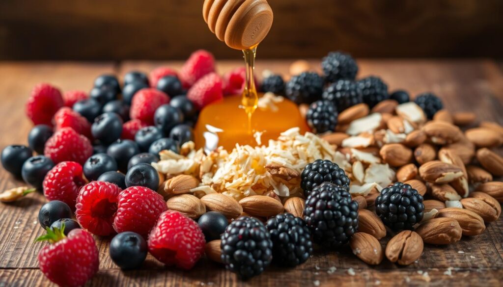 A delightful assortment of one-ingredient pastry toppings, artfully arranged on a rustic wooden surface. In the foreground, a scattering of fresh berries - ruby-red raspberries, plump blueberries, and juicy blackberries. In the middle ground, a drizzle of golden honey and a sprinkle of toasted coconut flakes. Glistening nuts, such as almonds and walnuts, provide crunch and texture. Warm lighting from above casts a cozy glow, highlighting the natural beauty of these simple, nourishing ingredients. The overall mood is one of wholesome indulgence, perfect for elevating a minimalist breakfast cake with extra nutrition and flavor.