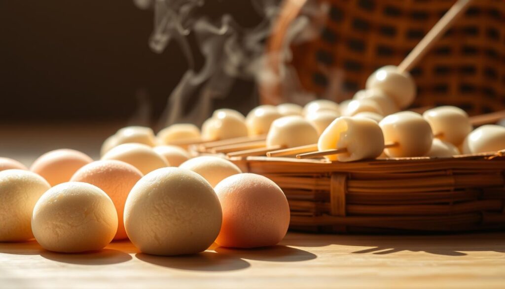 A detailed still life composition of an assortment of delightful Japanese steamed cakes, also known as mochi or dango. In the foreground, an array of perfectly shaped spherical mochi in various pastel colors, their soft, chewy texture inviting the viewer to reach out and touch them. In the middle ground, an arrangement of dango skewers, the sticky rice dumplings glistening with a light glaze. In the background, a bamboo steamer basket, its woven pattern visible through wisps of aromatic steam. The scene is illuminated by warm, natural lighting, casting gentle shadows that accentuate the dimension and texture of the cakes. The overall mood is one of tranquility and artisanal craftsmanship, reflecting the deep cultural heritage of these beloved Japanese confections.