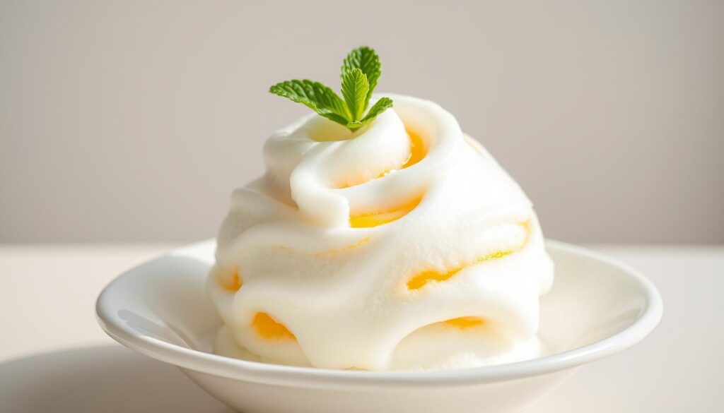 A frozen coconut milk dessert rests on a white porcelain dish, its creamy texture glistening under bright lighting. Swirls of rich coconut and hints of vibrant yellow mango or banana create a captivating tropical flavor. The dessert is garnished with a sprig of fresh mint, adding a refreshing contrast. The background is a soft, neutral gradient, allowing the dessert to be the focal point. The composition is shot from a slightly elevated angle, emphasizing the smooth, inviting surface of the frozen treat. The overall mood is one of fresh, indulgent simplicity, perfect for a nourishing tropical breakfast.