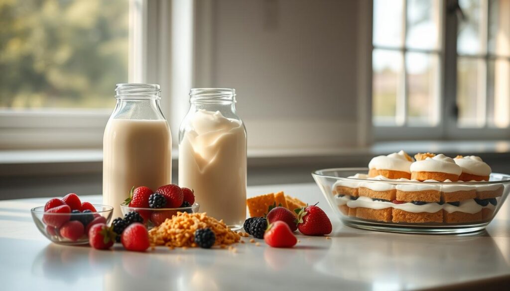 A neatly arranged mise en place of no-bake dessert components on a minimalist kitchen counter. Translucent glass jars of sweetened condensed milk and whipped cream sit alongside fresh berries, crumbled graham crackers, and a chilled, multi-layered cake in a glass dish. Soft, indirect lighting from a large window bathes the scene in a warm, natural glow, casting delicate shadows. The overall composition evokes a serene, effortless elegance, hinting at the layered textures and flavors waiting to be assembled.