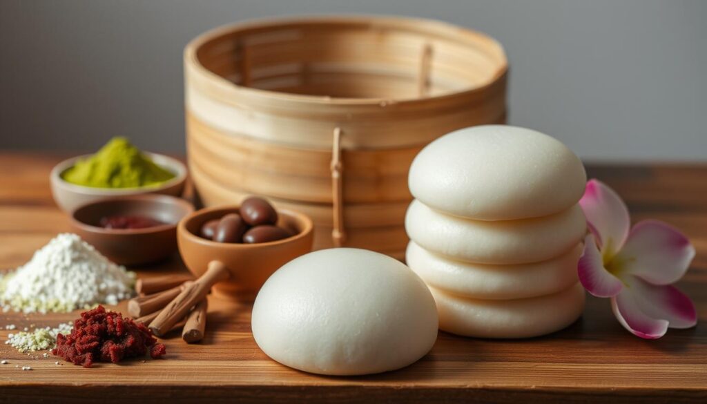 A neatly arranged still life on a wooden surface, showcasing the essential ingredients for traditional Japanese steamed cakes. In the foreground, a stack of fluffy, freshly steamed mochi cakes, their soft, pillowy texture inviting. Surrounding them, an assortment of ingredients: fragrant matcha powder, sticky sweet azuki bean paste, and delicate sakura petals. In the middle ground, a bamboo steamer basket, its intricate woven pattern hinting at the artisanal process. Soft, natural lighting casts a warm glow, highlighting the rich colors and textures of the scene. The overall mood is one of simplicity, tradition, and the celebration of Japanese culinary craftsmanship.