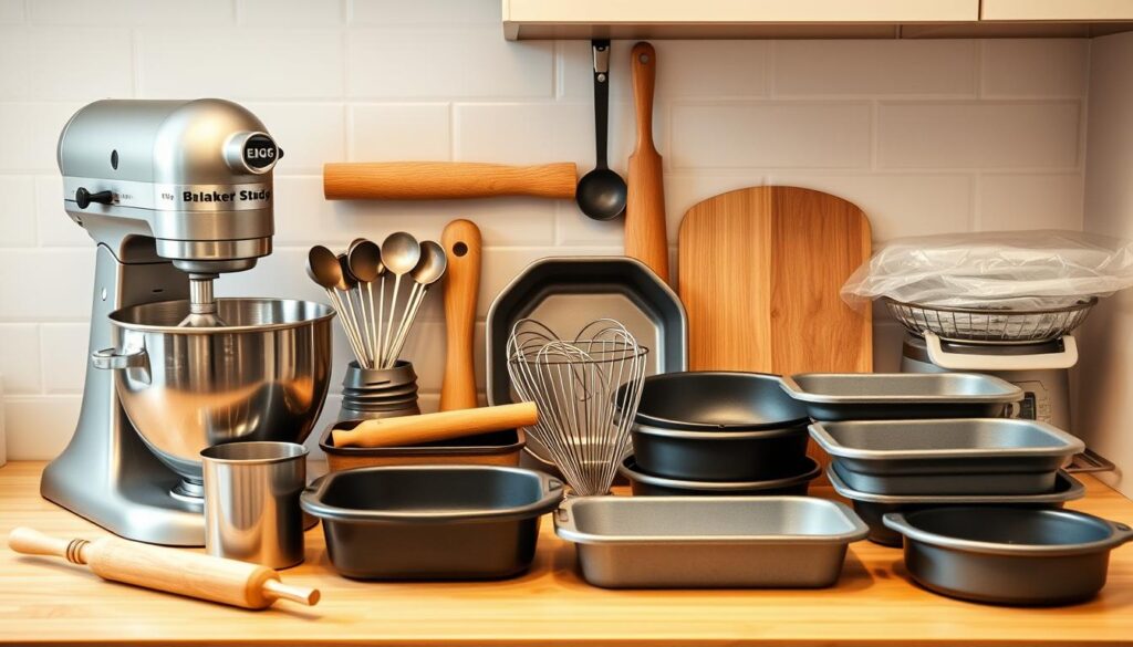 A neatly organized kitchen counter with an assortment of baking equipment, including a stainless steel stand mixer, a set of measuring cups and spoons, a rolling pin, a whisk, a sifter, and a variety of baking pans in different shapes and sizes. The counter is well-lit from above, creating a warm and inviting atmosphere. The equipment is arranged in a visually appealing manner, suggesting the preparation of a delicious breakfast cake. The overall scene conveys a sense of culinary expertise and a passion for blending traditional and innovative baking techniques. A neatly organized kitchen counter with an assortment of baking equipment, including a stainless steel stand mixer, a set of measuring cups and spoons, a rolling pin, a whisk, a sifter, and a variety of baking pans in different shapes and sizes. The counter is well-lit from above, creating a warm and inviting atmosphere. The equipment is arranged in a visually appealing manner, suggesting the preparation of a delicious breakfast cake. The overall scene conveys a sense of culinary expertise and a passion for blending traditional and innovative baking techniques.