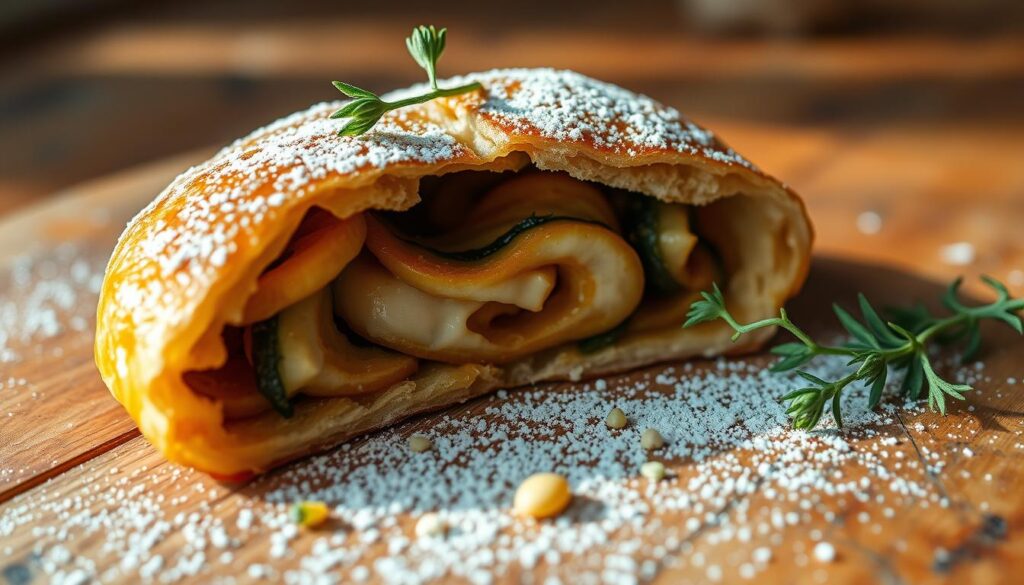 A savory-sweet probiotic pastry sits on a rustic wooden surface, its golden crust glistening under warm, natural lighting. The interior reveals a vibrant, fermented vegetable filling with a swirl of creamy, tangy notes. Delicate sprigs of fresh herbs and a light dusting of powdered sugar add a refined touch, while the overall composition exudes a homemade, artisanal feel. The scene is captured from a low angle, emphasizing the pastry's enticing texture and inviting aroma, creating a sense of anticipation and a balanced, harmonious flavor experience.