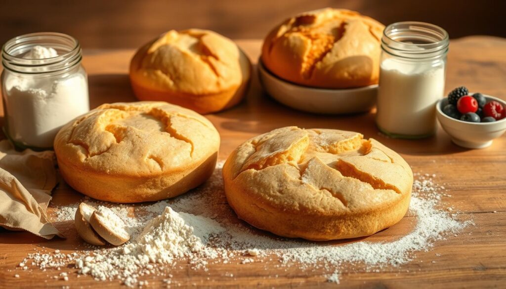 A still life showcasing naturally fermented cakes on a rustic wooden table, bathed in warm, golden natural lighting. The cakes have a soft, airy texture and a rich, yeasty aroma, with a subtly cracked surface revealing their artisanal nature. Artfully arranged alongside are a few simple ingredients - flour, a jar of bubbly starter, and a small bowl of fresh berries. The overall scene conveys a sense of homemade craftsmanship, traditional baking techniques, and the timeless allure of naturally leavened baked goods.