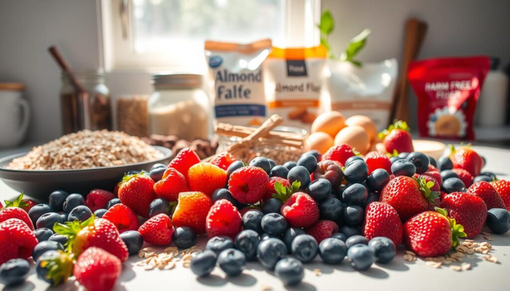 A sunlit kitchen countertop filled with an assortment of healthful morning cake ingredients. In the foreground, an array of fresh berries - plump blueberries, raspberries, and strawberries - spill across the surface. Behind them, a pile of rolled oats, a glass jar of honey, a bowl of ground flax seeds, and a smattering of cinnamon sticks. In the middle, a carton of farm-fresh eggs and a stack of almond flour pouches. In the background, a few leafy green sprigs add a pop of color. The lighting is soft and natural, casting a warm glow across the scene. The overall mood is one of wholesome simplicity, inviting the viewer to envision the delicious, sugar-free morning cakes that could be crafted from these nourishing ingredients.