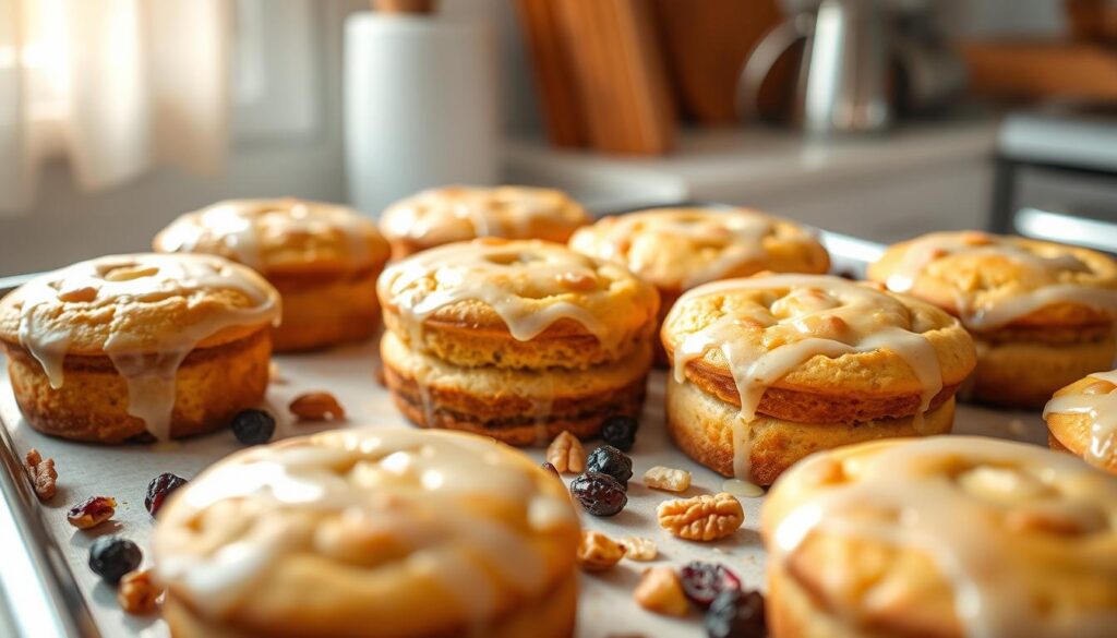 A tray of freshly baked morning cakes, their golden-brown tops glistening with a light, sugar-free glaze. In the foreground, a stack of fluffy, moist cakes made with wholesome ingredients like almond flour, coconut sugar, and ripe bananas. The middle ground features a scattering of chopped nuts, dried berries, and a drizzle of honey for a touch of natural sweetness. The background is softly lit, creating a warm and inviting atmosphere, as if photographed in a cozy kitchen bathed in the gentle morning light. The overall scene conveys a sense of healthful indulgence, perfect for the &quot;Tips for Baking Sugar-Free Cakes&quot; section of the article.