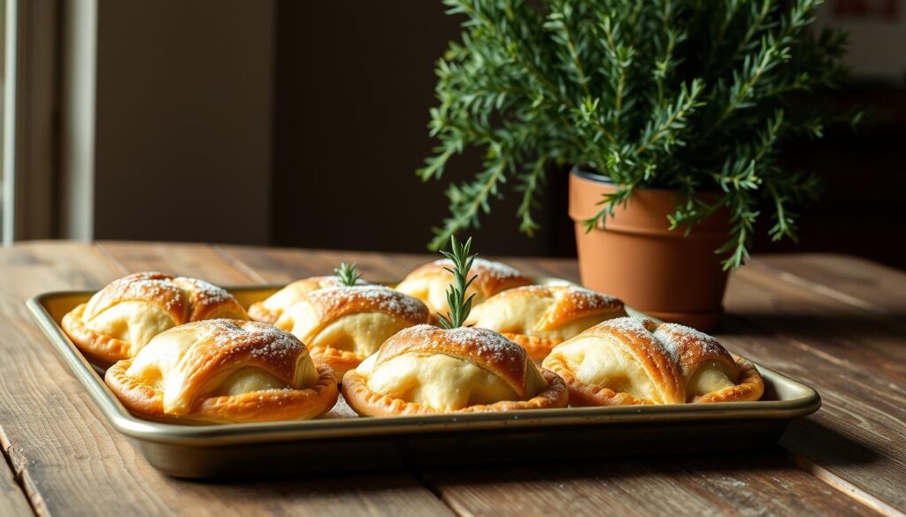 A tray of freshly baked rosemary-infused breakfast pastries, still warm from the oven, sits on a rustic wooden table. The flaky, golden-brown crusts are dusted with a light sprinkling of powdered sugar, and the aroma of fragrant rosemary fills the air. In the background, a vibrant green potted rosemary plant stands tall, its delicate leaves casting a soft, natural glow over the scene. The lighting is warm and inviting, creating a cozy and homey atmosphere. The angle is slightly elevated, allowing the viewer to appreciate the intricate details of the pastries and the rustic charm of the setting.