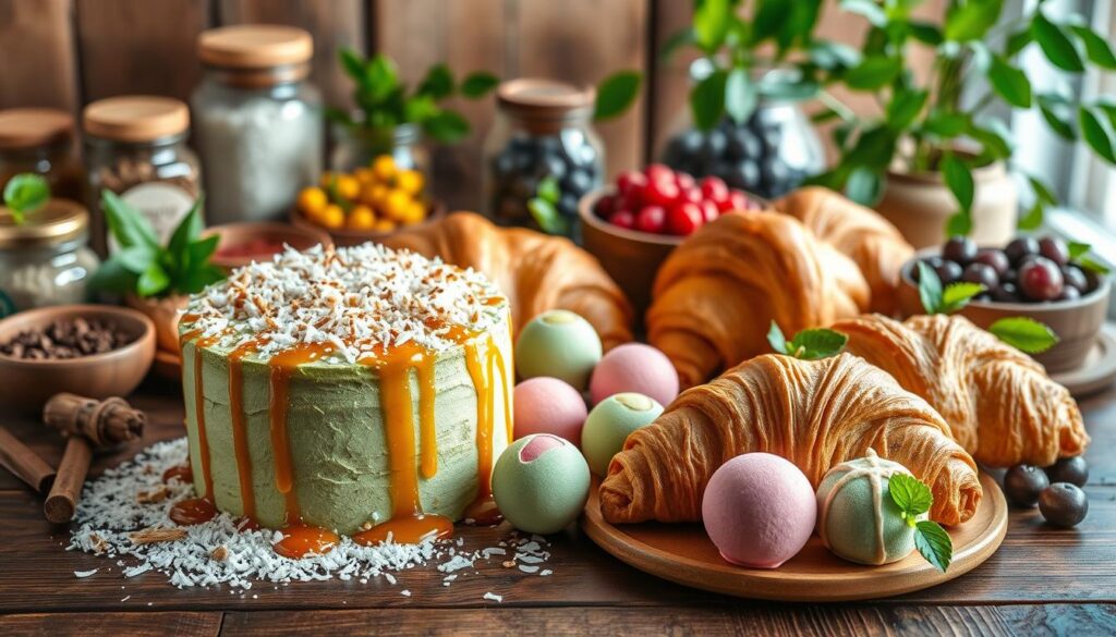 A vibrant, high-resolution image of an assortment of cross-cultural desserts arranged artfully on a rustic wooden table. In the foreground, an intricately decorated matcha-flavored chiffon cake sits alongside a dusting of toasted coconut and drizzles of caramel. In the middle ground, delicate Asian-inspired mochi balls in vivid hues of pink, green, and purple nestle between flaky, golden-brown croissants. The background is filled with a selection of spice jars, fresh berries, and lush, leafy greens, illuminated by soft, natural lighting from an overhead window. The overall composition conveys a sense of harmony, fusion, and the blending of Eastern and Western culinary traditions. A vibrant, high-resolution image of an assortment of cross-cultural desserts arranged artfully on a rustic wooden table. In the foreground, an intricately decorated matcha-flavored chiffon cake sits alongside a dusting of toasted coconut and drizzles of caramel. In the middle ground, delicate Asian-inspired mochi balls in vivid hues of pink, green, and purple nestle between flaky, golden-brown croissants. The background is filled with a selection of spice jars, fresh berries, and lush, leafy greens, illuminated by soft, natural lighting from an overhead window. The overall composition conveys a sense of harmony, fusion, and the blending of Eastern and Western culinary traditions.