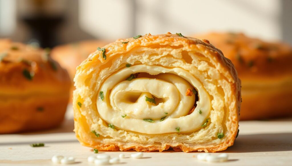 A vibrant, mouthwatering probiotic pastry, showcasing a delicate balance of savory and sweet flavors. In the foreground, a soft, golden-brown cake with a lightly textured surface, dotted with specks of green vegetables and herbs. The middle layer reveals a cross-section, unveiling a swirl of creamy, probiotic-rich filling surrounded by layers of fluffy, nutrient-dense dough. In the background, the pastry is set against a backdrop of warm, natural lighting, casting subtle shadows and highlighting the pastry's artisanal quality. The overall composition evokes a sense of balance, health, and indulgence, capturing the essence of the new trend in the food industry.