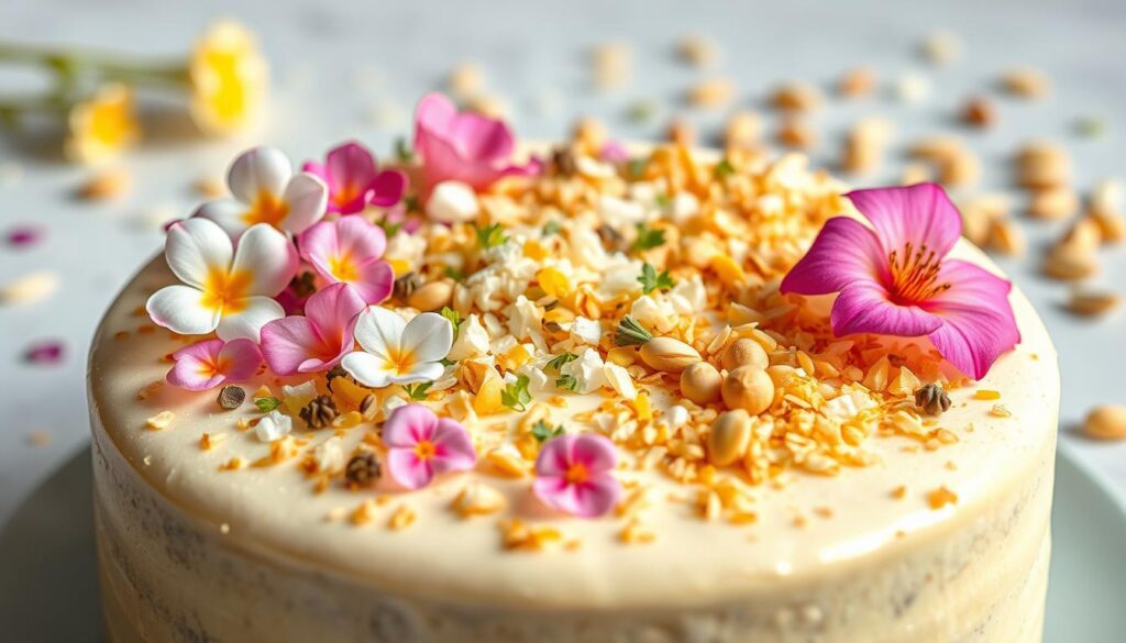 A vibrant, visually striking arrangement of fusion flavor cake garnishes, showcasing a harmonious blend of Asian and Western culinary influences. In the foreground, delicate edible flowers, such as sakura petals and chrysanthemum blossoms, are artfully scattered across the surface of the cake, adding pops of color and a delicate, airy touch. The middle ground features an array of finely chopped, fragrant herbs and spices, including lemongrass, ginger, and cardamom, which infuse the dessert with aromatic complexity. In the background, a scattering of toasted coconut flakes and chopped pistachios provides textural contrast and a nod to the fusion theme. The lighting is soft and diffused, creating a warm, inviting atmosphere that showcases the intricate details of the garnishes. The overall composition is visually balanced, with a sense of harmony and elegance that elevates the presentation of this fusion flavor cake. A vibrant, visually striking arrangement of fusion flavor cake garnishes, showcasing a harmonious blend of Asian and Western culinary influences. In the foreground, delicate edible flowers, such as sakura petals and chrysanthemum blossoms, are artfully scattered across the surface of the cake, adding pops of color and a delicate, airy touch. The middle ground features an array of finely chopped, fragrant herbs and spices, including lemongrass, ginger, and cardamom, which infuse the dessert with aromatic complexity. In the background, a scattering of toasted coconut flakes and chopped pistachios provides textural contrast and a nod to the fusion theme. The lighting is soft and diffused, creating a warm, inviting atmosphere that showcases the intricate details of the garnishes. The overall composition is visually balanced, with a sense of harmony and elegance that elevates the presentation of this fusion flavor cake.