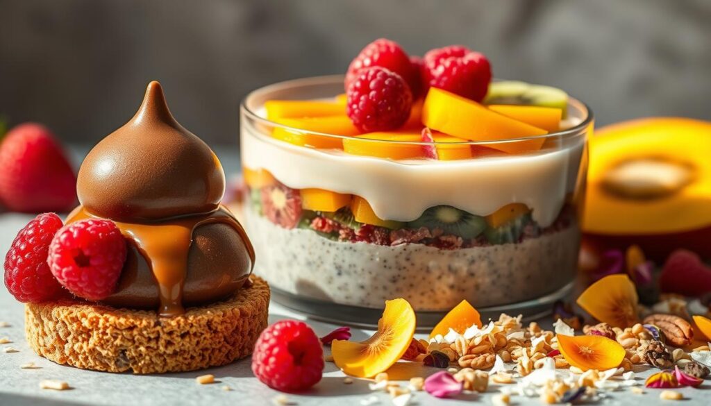 A visually captivating arrangement of decadent no-bake dessert components. In the foreground, a glossy chocolate mousse dome sits atop a crumbly graham cracker crust, accompanied by fresh raspberries and a drizzle of rich caramel. In the middle ground, translucent chia pudding layers segmented with vibrant tropical fruits like mango and kiwi, creating a vibrant and artistic palette. The background features a scattering of toasted coconut flakes, crushed nuts, and edible flower petals, all bathed in warm, natural lighting that enhances the layered textures and vibrant colors. This image captures the elegance and creativity of buildable, chilled desserts that eschew the oven for a delightful, no-fuss culinary experience.
