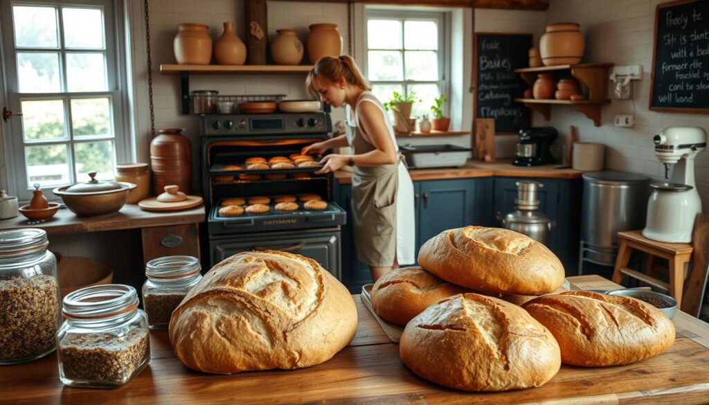 A warm, cozy kitchen scene with natural light filtering through large windows. In the foreground, freshly baked sourdough loaves and fermented fruit cakes rest on a rustic wooden table, their golden crusts and soft, airy interiors inviting. Jars of bubbling wild yeast starters and bowls of fragrant spices sit nearby, hinting at the scientific processes behind this gut-friendly baking. In the middle ground, a baker in an apron carefully places a tray of muffins into a vintage gas oven, its cast-iron door ajar. The background features shelves of earthenware crocks, an old-fashioned mixer, and a chalkboard scrawled with notes on fermentation. The overall atmosphere is one of artisanal craft, tradition, and the celebration of natural flavors.