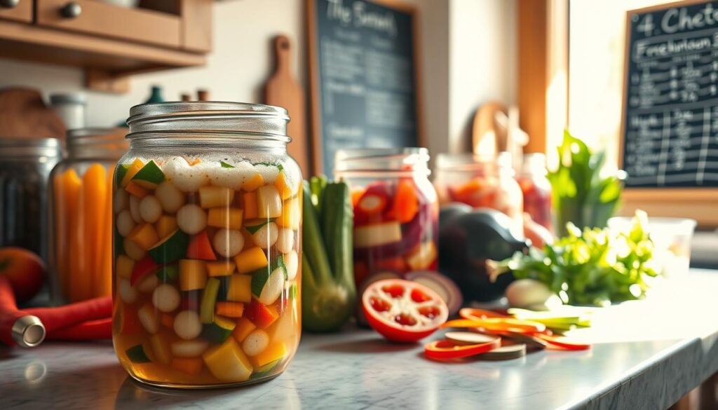 A well-lit kitchen counter, showcasing an array of colorful vegetables, jars, and fermentation equipment. In the foreground, an open jar reveals bubbling vegetable brine, hinting at the active fermentation process. The middle ground features various whole vegetables, sliced, and ready for packing into the jars. In the background, a chalkboard calendar or recipe card displays instructions for the DIY veggie fermentation steps. The scene is bathed in warm, natural light, creating a cozy, inviting atmosphere that captures the homemade essence of this culinary endeavor.