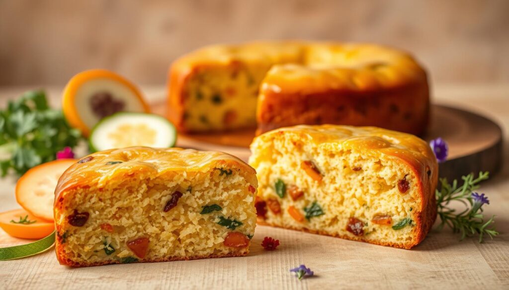 Savory-sweet veggie-fermented dessert cakes with a soft, fluffy texture and a delightful balance of flavors. In the foreground, a slice of the cake reveals its moist, golden interior flecked with bits of caramelized vegetables. Surrounding it, an artful arrangement of sliced vegetables, herbs, and edible flowers, creating a visually captivating display. The middle ground features a full, freshly baked cake on a rustic wooden board, its surface glistening with a light glaze. Gentle, warm lighting from above casts a cozy, inviting atmosphere, highlighting the cake's natural hues and textures. The background fades into a softly blurred, earthy-toned setting, allowing the delectable dessert to take center stage.