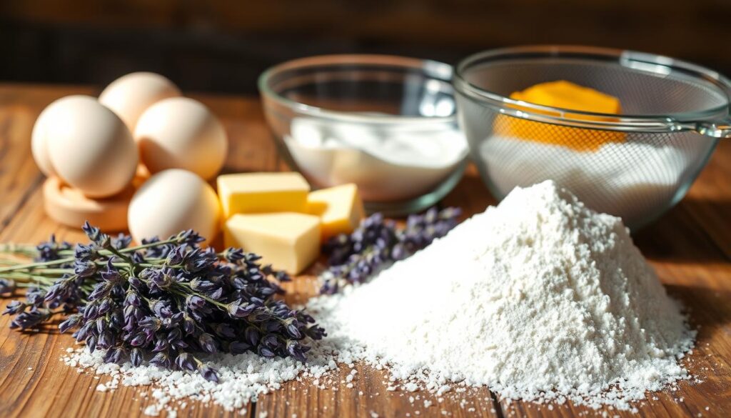 A bountiful arrangement of essential lavender cake ingredients lies upon a rustic wooden table, bathed in warm, natural lighting. In the foreground, a pile of fragrant lavender buds, their delicate purple hues complemented by a scattering of crystalline sugar granules. Beside it, a stack of fresh eggs, their pristine white shells glistening. In the middle ground, a glass bowl filled with smooth, creamy butter, its golden sheen reflecting the muted light. Further back, a sifter overflows with soft, all-purpose flour, ready to be combined with the other components. The scene exudes a sense of culinary anticipation, hinting at the harmony of flavors that will soon come together to create the perfect lavender cake. A bountiful arrangement of essential lavender cake ingredients lies upon a rustic wooden table, bathed in warm, natural lighting. In the foreground, a pile of fragrant lavender buds, their delicate purple hues complemented by a scattering of crystalline sugar granules. Beside it, a stack of fresh eggs, their pristine white shells glistening. In the middle ground, a glass bowl filled with smooth, creamy butter, its golden sheen reflecting the muted light. Further back, a sifter overflows with soft, all-purpose flour, ready to be combined with the other components. The scene exudes a sense of culinary anticipation, hinting at the harmony of flavors that will soon come together to create the perfect lavender cake.