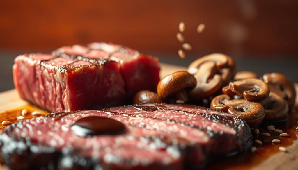 A delicate balance of umami flavors, captured in a meticulously crafted scene. In the foreground, a perfectly seared slice of premium Japanese Wagyu, its marbled fat glistening under the warm, diffused lighting. Surrounding it, a scatter of sautéed shiitake mushrooms, their earthy notes complementing the beefy essence. In the middle ground, a drizzle of rich, savory soy sauce mingles with a sprinkle of toasted sesame seeds, adding depth and complexity. The background features a subtle gradient, transitioning from a deep, mellow brown to a softer, more neutral tone, evoking the inherent harmony of this umami-forward composition. Captured with a shallow depth of field, the image invites the viewer to savor each captivating detail.