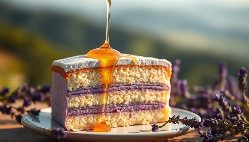 A delicately layered lavender cake, its soft purple hues complemented by the rich, golden glow of Moc Chau highland honey drizzled across the top. The cake's moist, fluffy texture is visible, inviting the viewer to imagine the subtly floral flavors. Warm, natural lighting casts a gentle radiance, highlighting the cake's intricate details and the play of light and shadow. In the background, a softly blurred, serene landscape sets the mood, with hints of rolling hills and lush greenery. The overall composition conveys a sense of elegance, tranquility, and the delicate balance of flavors that defines this lavender cake creation. A delicately layered lavender cake, its soft purple hues complemented by the rich, golden glow of Moc Chau highland honey drizzled across the top. The cake's moist, fluffy texture is visible, inviting the viewer to imagine the subtly floral flavors. Warm, natural lighting casts a gentle radiance, highlighting the cake's intricate details and the play of light and shadow. In the background, a softly blurred, serene landscape sets the mood, with hints of rolling hills and lush greenery. The overall composition conveys a sense of elegance, tranquility, and the delicate balance of flavors that defines this lavender cake creation.