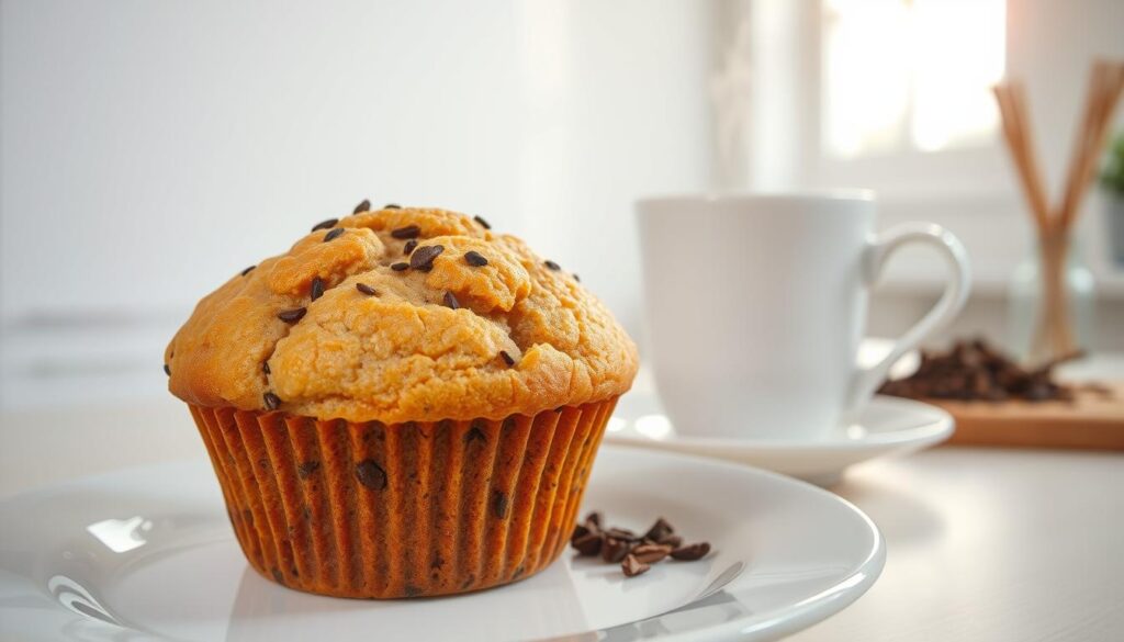 A freshly baked muffin with a crackled golden top sits prominently in the foreground, its moist interior revealing specks of black tea leaves and glistening chia seeds. The muffin is positioned on a clean white plate, casting a soft shadow below. In the middle ground, a steaming cup of Ceylon black tea emanates earthy aromas, complementing the baked treat. The background features a minimalist kitchen setting with clean lines and natural light filtering through a window, creating a serene and inviting atmosphere. The lighting is soft and diffused, highlighting the natural textures and colors of the scene. An overall sense of health, warmth, and homemade goodness permeates the image.