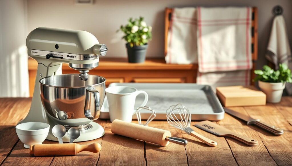 A neatly arranged collection of essential baking equipment sits on a rustic wooden tabletop, bathed in warm, natural lighting. In the foreground, a stand mixer in a muted pastel hue stands ready, its stainless steel bowl gleaming. Beside it, a set of measuring cups and spoons, a rolling pin, and a whisk create a harmonious composition. In the middle ground, a baking sheet, a silicone spatula, and a serrated knife are strategically placed, conveying the professional yet inviting atmosphere of a well-equipped home bakery. The background features a few potted herbs and a vintage-inspired kitchen towel, adding a touch of charm to the scene. The overall mood is one of culinary inspiration and the promise of delectable baked creations.