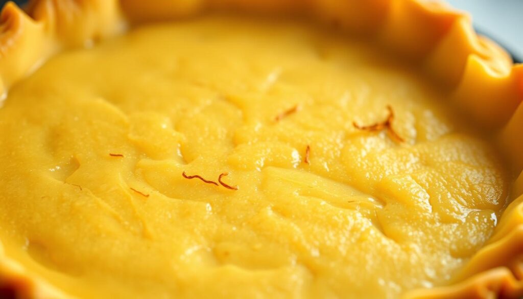 A perfectly golden saffron-infused cheesecake crust, its surface shimmering with delicate threads of the exotic spice. Meticulously layered with a flaky, buttery pastry base, the crust exudes an alluring aroma of vanilla and cardamom. Captured in a soft, natural lighting that accentuates the crust's intricate texture and depth of color, the image invites the viewer to imagine the decadent flavors within. The composition features a close-up, high-angle perspective that showcases the crust's elegant simplicity and the care taken in its preparation. An atmosphere of warm, inviting elegance pervades the scene, hinting at the luxurious experience of this saffron-infused cheesecake.