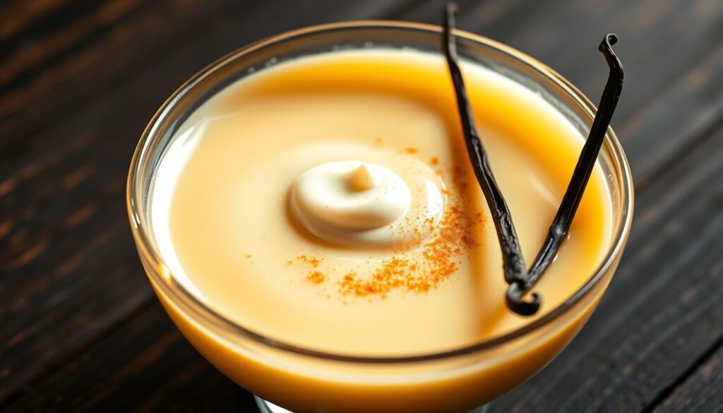 A rich, creamy Madagascar vanilla bean infused custard, poured into a glass dish and gently set, creating a smooth, velvety texture. The custard is topped with a delicate swirl of freshly whipped cream, lightly dusted with a sprinkling of Madagascar vanilla sugar. Soft, warm lighting casts a golden glow, highlighting the luxurious creaminess of the dessert. The glass dish is positioned on a dark, wooden surface, creating a sophisticated and elegant composition. The overall mood is one of indulgence and sophisticated simplicity, capturing the essence of the mysterious and captivating flavors of Madagascar vanilla.