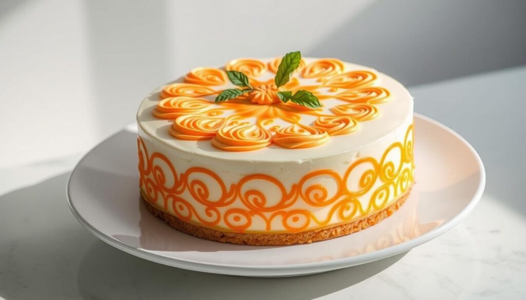 A saffron-infused cheesecake, delicately garnished with intricate patterns. The smooth, creamy surface is adorned with precisely piped swirls of saffron-tinted cream, creating a visually captivating design. Sprigs of fresh greenery, such as mint or thyme, are strategically placed to accentuate the vibrant orange hue of the saffron. The cake is positioned on a sleek, white platter, illuminated by soft, natural lighting that casts gentle shadows, highlighting the texture and depth of the decorative elements. The overall composition exudes a sense of elegance and refinement, perfectly capturing the essence of an authentic Iranian saffron cheesecake infused with the unique aroma of Vietnamese licorice.