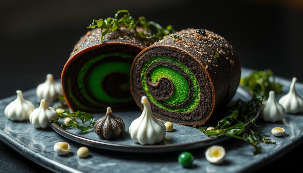 A sumptuous seaweed-infused dessert platter with a focal point of a sliced roll cake, its swirling layers of vibrant green seaweed and rich, velvety chocolate. The cake is presented on a sleek, modern plate, surrounded by delicate seaweed confections in various shapes and textures - perhaps miniature seaweed meringues, jellies, and truffles. The lighting is soft and diffused, emphasizing the delicate, ethereal nature of the seaweed elements. The overall mood is one of elegance, sophistication, and a touch of the unexpected, inviting the viewer to explore the unique fusion of flavors and textures.