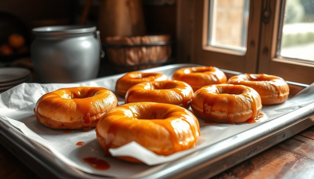 A tray of artisanal chestnut donuts, baked to a golden brown, resting on a rustic wooden surface. The donuts are drizzled with rich, amber-colored Dak Lak forest honey, giving them a shimmering, sticky glaze. The light filters in from a window, casting a warm, soft glow on the scene. The donuts are arranged in an inviting, slightly asymmetrical pattern, highlighting their handcrafted, organic shapes. The background is slightly blurred, allowing the donuts to be the focal point, showcasing their delicate texture and mouthwatering appearance.