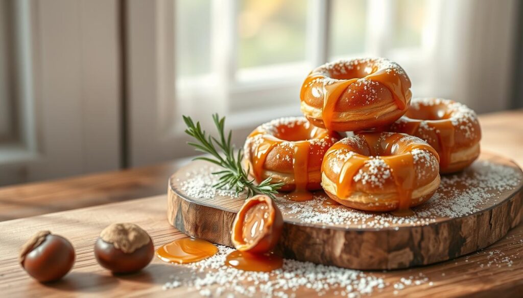 Chestnut donuts served on a rustic wooden board, drizzled with golden Dak Lak forest honey. A sprig of fresh rosemary and a dusting of powdered sugar add a natural, earthy elegance. Soft afternoon light filters through a window, creating a warm, inviting atmosphere. The donuts are arranged in an appealing still-life composition, drawing the eye to their rich, glossy texture and mouthwatering appeal. A single chestnut, split open, rests nearby, hinting at the donut's warm, nutty flavor. The overall scene evokes a sense of simple, artisanal indulgence.